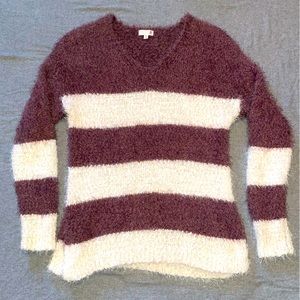 SO Long sleeve V-Neck Sweater, Purple & White Horizontal Striped Medium